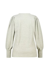 Lichtgrijze sweatshirt met opstaande lange mouwen en een ronde halslijn. Zachte textuur met een subtiel gemêleerd patroon door de stof.