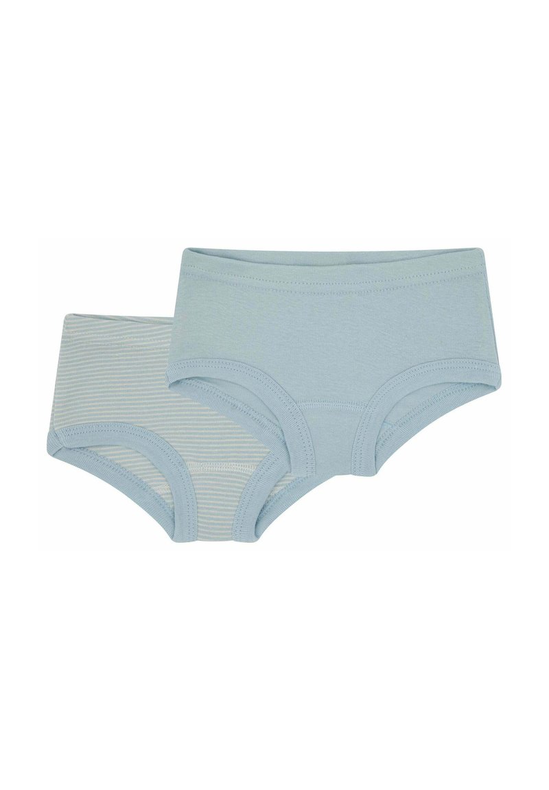 Set di biancheria intima in cotone azzurro chiaro, composto da un pezzo monocromatico e uno con sottili righe bianche, con una morbida cintura in vita e aperture rotonde per le gambe.