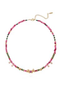 Collier en pierres précieuses multicolores comprenant des perles roses, vertes et dorées, avec un fermoir doré décoratif et des détails d'accent tout au long.