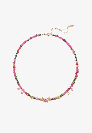 Multicolored gemstone necklace featuring pink, green, and gold beads with a decorative gold clasp, and accent details throughout.
