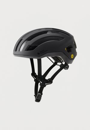 Sort cykelhjelm med aerodynamisk design, flere ventilationsåbninger, justerbare stropper og MIPS-teknologi for forbedret sikkerhed.