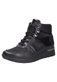 Bottines noires à cheville avec un dessus en cuir, des accents texturés et un système de laçage. Elles présentent une semelle rembourrée et un design épuré.