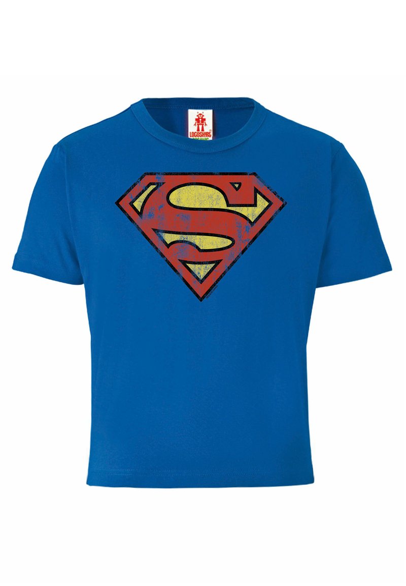 Blue cotton T-shirt featuring a red and yellow Superman logo in a distressed design. Short sleeves and crew neck style.