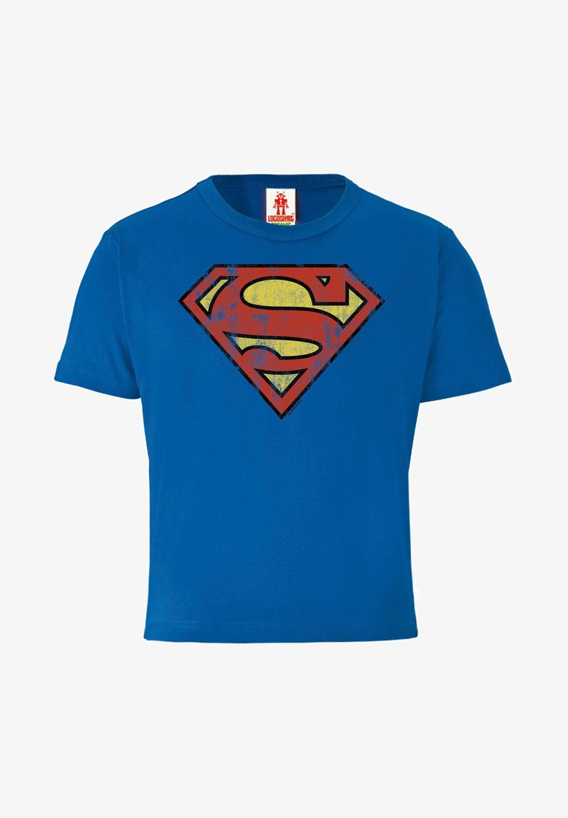 Blue cotton T-shirt featuring a red and yellow Superman logo in a distressed design. Short sleeves and crew neck style.
