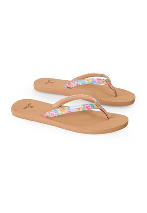 Para jasnobrązowych klapek z niebieskimi paskami ozdobionymi różowo-żółtymi wzorami kwiatowymi, ułożonych płasko na białym tle.