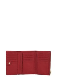 Portafoglio in pelle rossa con numerosi slot per carte, una tasca con cerniera e chiusura a bottone a pressione. Finitura Texture, design piatto.