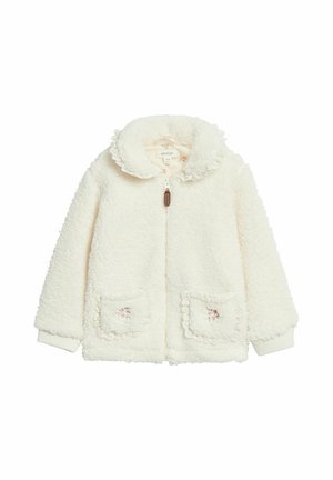 Fleecejacke in Cremefarbe mit spitzenbesetztem Kragen und Taschen, Blumenstickerei auf den Taschen und Reißverschluss vorne.