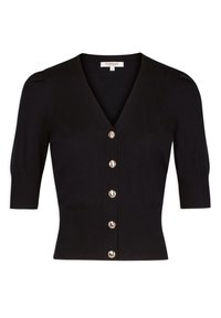 Schwarze V-Ausschnitt-Strickjacke mit kurzen Puffärmeln. Verfügt über sechs goldfarbene Knöpfe vorne und einen gerippten Saum für eine taillierte Silhouette.