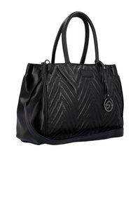 Sac à main noir avec un motif en zigzag texturé, fabriqué en matériau synthétique, doté de deux poignées et d'un accent de logo circulaire.