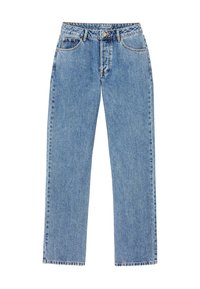 Jean en denim bleu clair avec une coupe droite, design à cinq poches et des accents de couture subtils. Équipé d'une fermeture à bouton et de passants de ceinture.