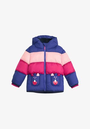 Chaqueta acolchada para niños con capucha, diseño en bloques de color en rosa y morado, y bolsillos con temática de animales y un patrón divertido.