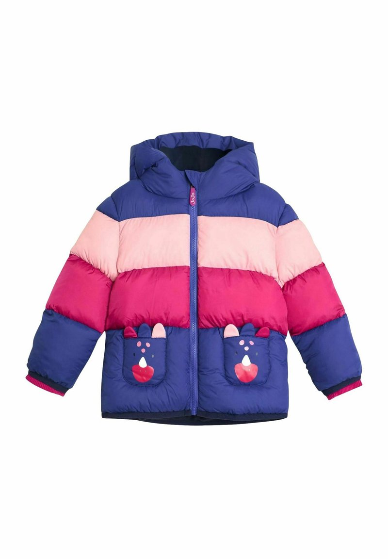 Pūkains bērnu mantiņas jaka ar kapuci, krāsu bloku dizains rozā un violetā krāsā, kā arī dzīvnieku tēmas kabatas ar spēlīgu rakstu.