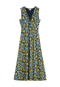 Rochie maxi florală în nuanțe de bleumarin, galben și albastru. Dispune de un decolteu adânc, design fără mâneci și o siluetă în formă de A cu un model vibrant.
