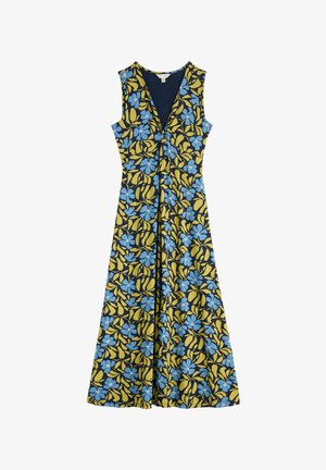Květnaté maxi šaty v námořnické, žluté a modré barvě. Mají hluboký výstřih, bezrukávový design a A-liniovou siluetu s živým vzorem.