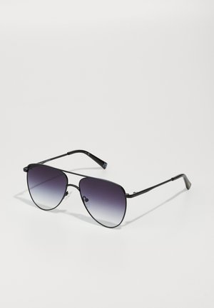 Aviator sunglasses with black metal frame, dark gray gradient lenses, and slender arms. Features include adjustable nose pads and subtle branding.