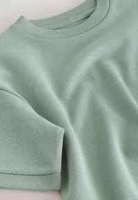 Hellgrünes Baumwoll-T-Shirt mit rundem Ausschnitt, kurzen Ärmeln und weicher Textur. Gerippter Kragen und Ärmelabschlüsse sorgen für Details.