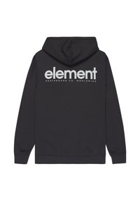 Zwarte hoodie van zacht materiaal met een groot wit logo op de achterkant met de tekst "element SKATEBOARD CO. WORLDWIDE."