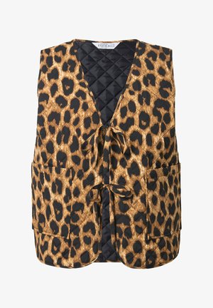 Gepatchte Wildlederweste mit Leopardenmuster in Braun und Schwarz, mit V-Ausschnitt, Bindegürtel und zwei Seitentaschen. Strukturierter Stoff mit geometrischem Muster.