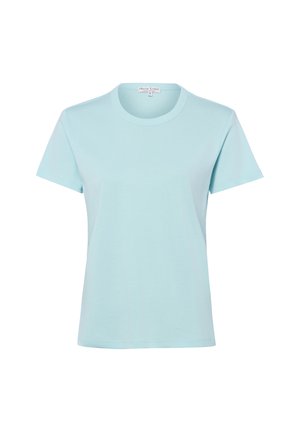 Jasnoniebieski T-shirt z krótkim rękawem i okrągłym dekoltem, z małą metką rozmiaru wszytą wewnątrz kołnierza, prezentowany na białym tle.