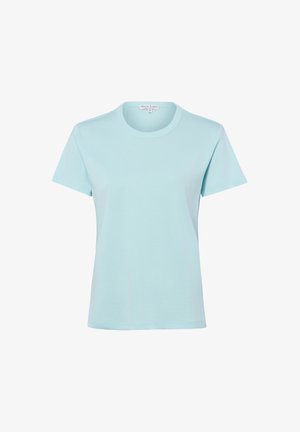 T-shirt azzurro chiaro a maniche corte con scollo girocollo e una piccola etichetta di dimensioni all'interno del colletto, posta su sfondo bianco.