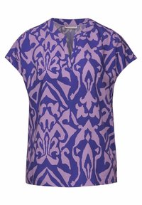 Blusa a maniche corte con un motivo astratto in viola e lavanda. Presenta un collo a V e una vestibilità ampia, realizzata in tessuto leggero.
