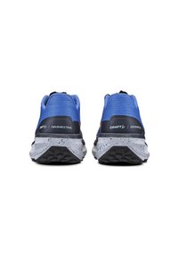 Blue athletic shoes with textured upper, gray speckled midsole, and rugged black outsole. Features branding on the heel. Durable design.