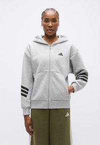 Γκρι φούτερ με φερμουάρ και κουκούλα, με μαύρες ρίγες στα μανίκια και σήμα στο στήθος. Κατασκευασμένο από απαλό ύφασμα με άνετη εφαρμογή.