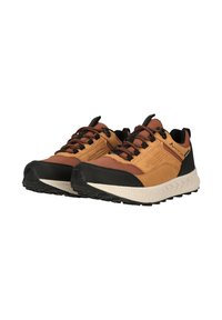 Pair of brown and black athletic shoes with white soles, lace-up design, and branded details on the side and tongue.