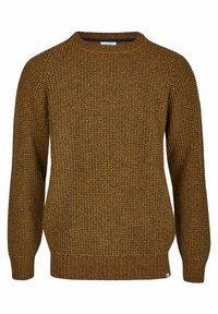 Strukturierter Rundhals-Pullover in einem warmen Braun- und Senfton. Rippbündchen und -saum, aus weichem, gestricktem Stoff mit einem Fischgrätmuster gefertigt.