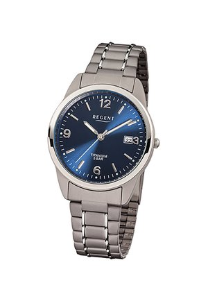 Mens silver titanium watch with blue dial, silver hour markers, date window at 3 o'clock, and metal link bracelet.