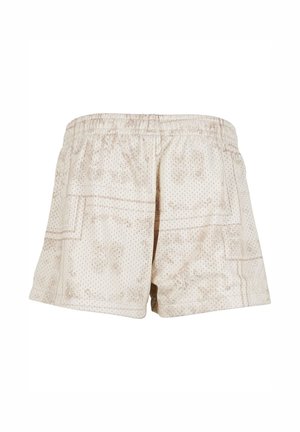 Beige mønstrede shorts med en åndbar, netlignende tekstur, der har elastisk talje og patch-lomme detaljer på siderne.