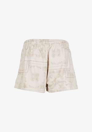 Pantaloni corti beige a fantasia con una texture traspirante simile a rete, dotati di una vita elastica e dettagli a tasca applicata sui lati.