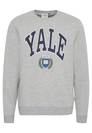 Grå sweatshirt med "YALE" i marineblå, med et universitetsemblem i midten, ribbede ærmer og rund halsudskæring.