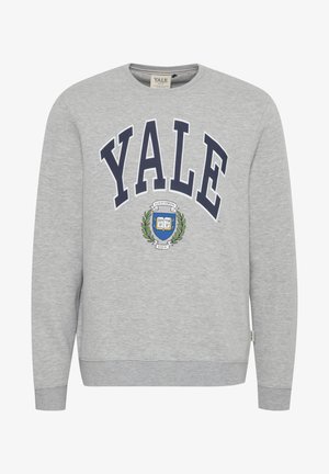Grå sweatshirt med "YALE" i marineblå, med et universitetsemblem i midten, ribbede ærmer og rund halsudskæring.