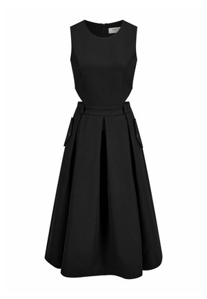 Ärmelloses schwarzes Midikleid mit tailliertem Oberteil, breitem Gürtel, plissiertem A-Linien-Rock und mit Knöpfen versehenden seitlichen Klapptaschen.
