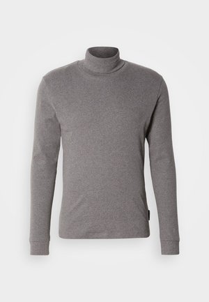 Gray turtleneck sweater made of soft, textured fabric. Features long sleeves and a fitted design. Tag visible at the lower left side.
