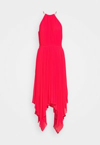 Vestido de cuello halter en rosa brillante, con un diseño plisado, cinturilla elástica y un dobladillo asimétrico. Tela suave y ligera.
