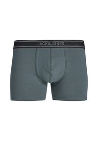 Heren boxer briefs in een gedempte teal kleur, gemaakt van zachte stof. Voorzien van een zwarte tailleband met het "JACK & JONES" logo en contrasterende stiksels.