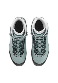 Scarponi da trekking turchesi con accenti neri, tomaia in pelle, colletto imbottito e suole in gomma testurizzata. Presentano occhielli rinforzati e lacci.