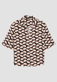 Short-sleeve shirt featuring a black base with a repeated floral pattern in white and coral, collar, and button front closure.