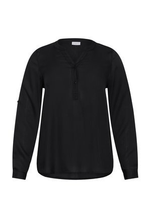 Black long-sleeve blouse with a V-neck, button placket, and straight hem. Made from a smooth fabric with a subtle sheen.