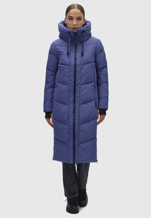 Long padded coat in purple with a high collar, featuring a front zipper, large quilted sections, and adjustable drawstrings at the hood.