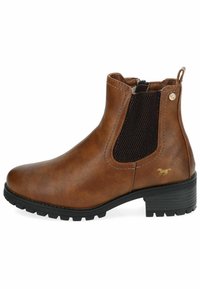 Bottine marron en cuir avec un panneau latéral élastique noir texturé, accent logo doré et une semelle en caoutchouc noir robuste.