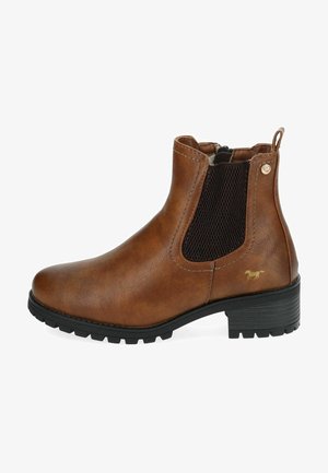 Brąsowe botki sięgające kostki, wykonane ze skóry, z teksturowanym czarnym elastycznym panelem bocznym, złotym akcentem z logo oraz solidną czarną gumową podeszwą.