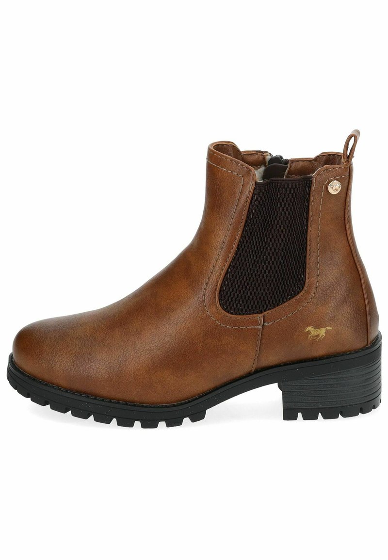 Bottine marron en cuir avec un panneau latéral élastique noir texturé, accent logo doré et une semelle en caoutchouc noir robuste.