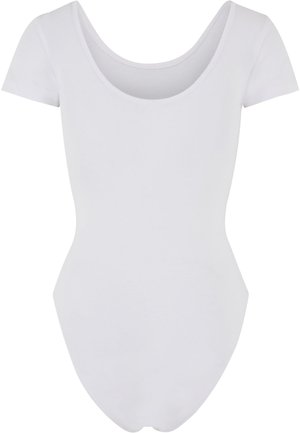 Bílé body s krátkým rukávem a kulatým výstřihem, vyrobené z měkké, elastické tkaniny. Design má fitted siluetu a bezšvovou konstrukci.