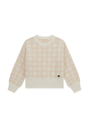 Pullover lavorato a maglia di un beige chiaro con un motivo geometrico, collo e orlo a coste, e un piccolo logo a forma di cuore sul fondo anteriore.