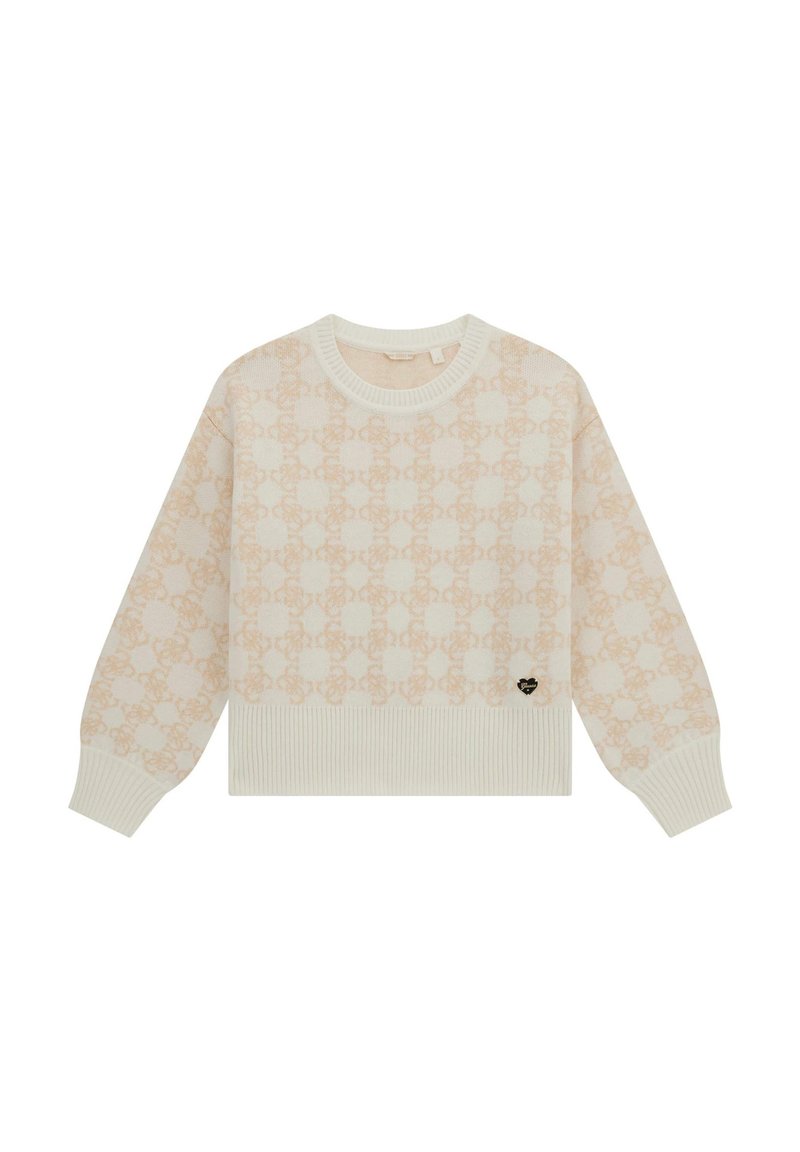 Pullover lavorato a maglia di un beige chiaro con un motivo geometrico, collo e orlo a coste, e un piccolo logo a forma di cuore sul fondo anteriore.