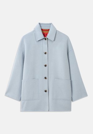 Light blue, wool blend jacket with a collar, five buttons, two front pockets, and a red inner lining featuring the brand label.