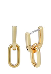 Goldfarbene Metallohrringe mit rechteckigem Anhänger und einem verbundenen Kettendesign. Glatte Oberfläche mit polierten Flächen und geschlossenem Ohrbügel.